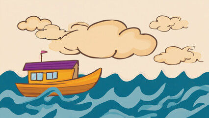 Obraz premium Cartoon Boat on the Water Whimsical Nautical Adventure Illustration