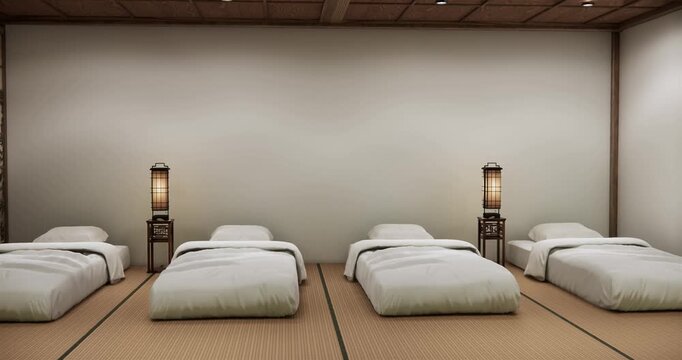 Traditional Japanese room, Minimalist Japanese bedroom with futon and tatami mat.3D rendering