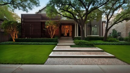 Obraz premium Elegant modern house at dusk with flat roofline, clean lines, large windows, wooden slatted screen, manicured shrubs,