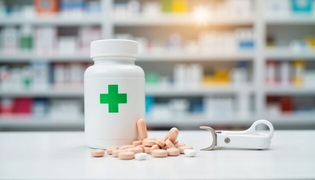 Prescription medicine bottle with pills and pill cutter in pharmacy  