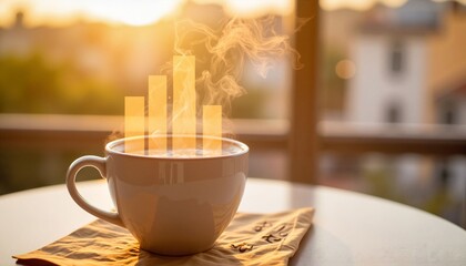 Coffee cup with steam and digital graphs against sunset background