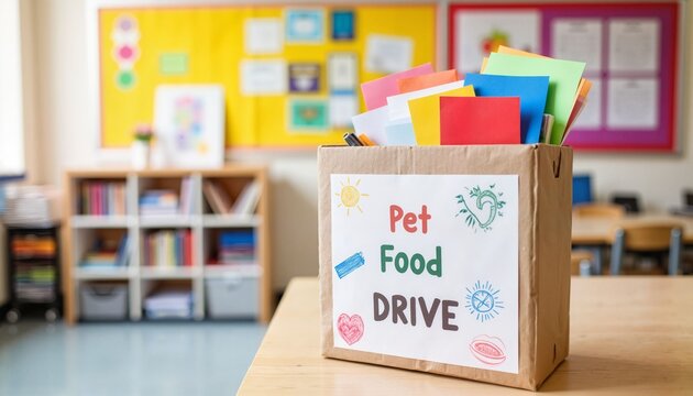 Pet food drive donation box with colorful papers in classroom  