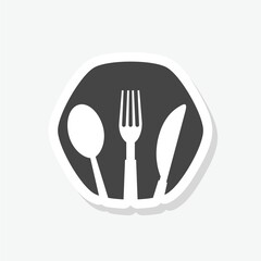 Fork, knife, plate and spoon icon sticker isolated on gray background
