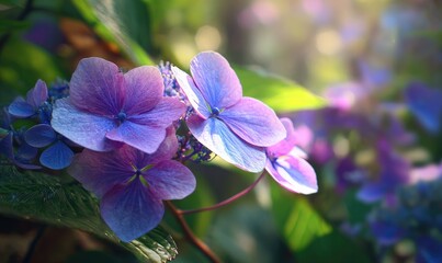 Close-up of vibrant purple-blue hydrangeas, bathed in sunlight