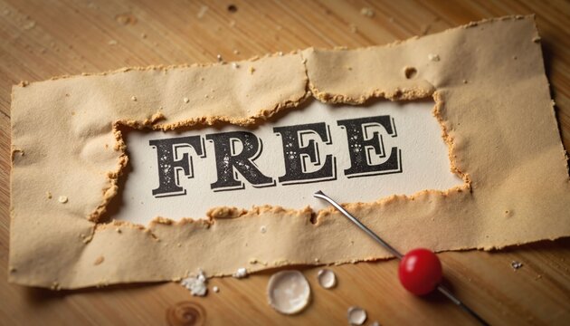 Vintage paper tag with text 'FREE' and needle on wooden background  