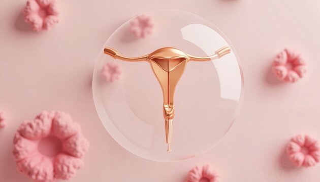 IUD contraceptive device surrounded by pink flowers on pastel surface  