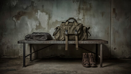 Half packed go bag rests on aged wooden bench, next to boots and folded blanket, suggesting emergency preparedness. A half packed go bag provides essential supplies in readiness for evacuation,