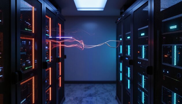 High-tech server room with illuminated racks and energy pulses  