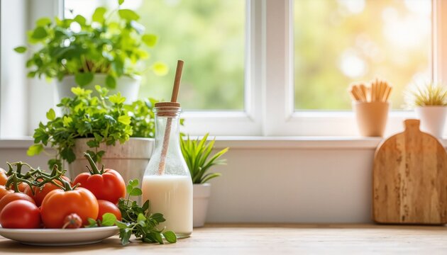 Fresh vegetables and milk bottle on rustic kitchen counter  