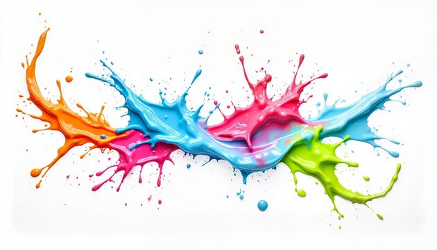 Colorful paint splashes creating dynamic abstract visual on white background  