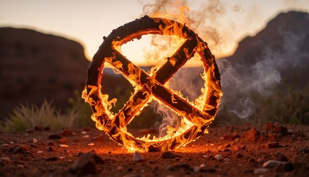 Burning symbol on rocky ground against sunset backdrop  