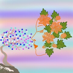 Breath of Blossoms  Abstract Woman with Floral Hair and Pastel Background autumn landscape with tree