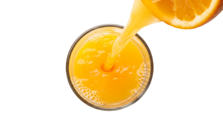 Fresh orange juice being poured into a glass, isolated on transparent background