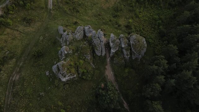 Aerial drone flight over Limestone Rock Ner Olsztyn, Poland