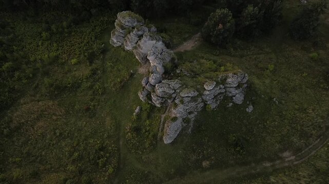 Aerial drone flight over Limestone Rock Ner Olsztyn, Poland