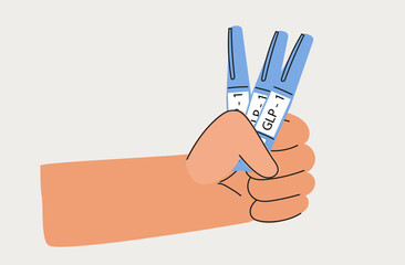 Human hand with GLP 1 injection pen. Hormone syringes. Vector line art illustration