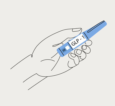 Human hand with GLP 1 injection pen. Hormone syringes. Vector line art illustration