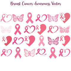 Breast cancer ribbon. Breast Cancer Awareness Ribbons and Butterflies. Awareness Ribbon Silhouette Heart Shape Vector