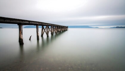 Obraz premium Serene long exposure of a weathered pier extending into calm, shallow water under an overcast sky