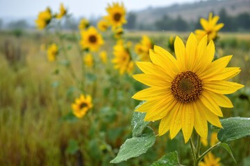 Obraz premium Close-up of vibrant sunflowers in a field, dewy and bright yellow