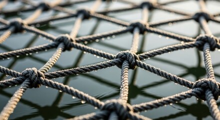 Close-up of rope netting with dew drops over water