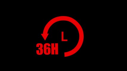 Red 36 Hour Timer Symbol With Arrow and Letter L On Black Background thirty six hours clock