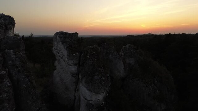 Aerial drone flight over Limestone Rock Ner Olsztyn, Poland