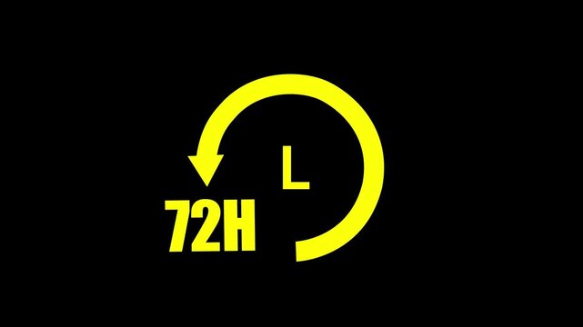 Yellow 72 Hour Timer Icon with Arrow and Letter L on Black Background seventy two hours clock