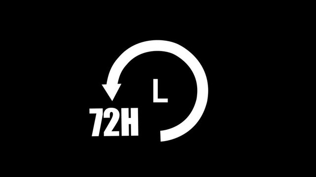 White 72 Hour Timer Icon with Arrow and Letter L on Black Background seventy two hours clock