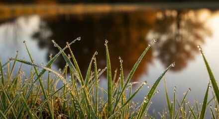 Morning dew on grass blades by tranquil lake at sunrise