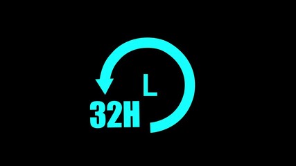Cyan 32 Hour Cycle Arrow Icon with Letter L on Black Background 32 hours circular arrow