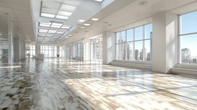 Modern empty office space panoramic city view large windows wooden floor sunlight, 4k video footage