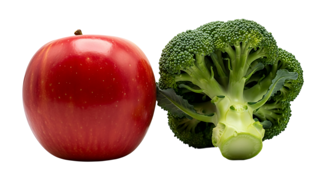 Red apple and broccoli isolated on transparent background