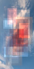 Abstract design of overlapping rectangles in soft colors against a sky backdrop