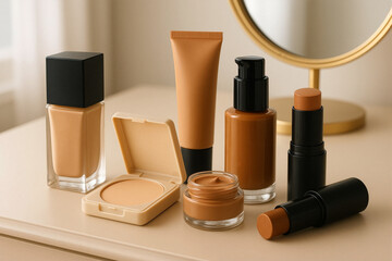 Diverse foundation makeup collection with luxury cosmetic packaging on beige table