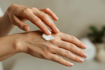 Fototapeta premium Close up of hands applying moisturizing cream for skincare and wellness