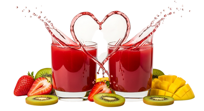 Two glasses of red juice with fruit and splash isolated on transparent background - Powered by Adobe