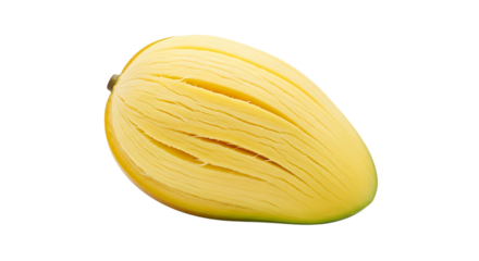A ripe yellow mango, peeled and sliced, isolated on transparent background