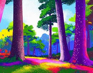 Vibrant Forest Path with Colorful Sunlight