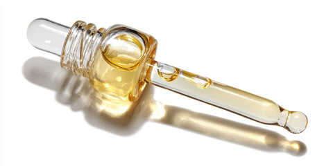 Golden retinol serum in a glass dropper isolated on white background.