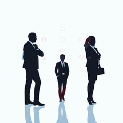 Business People Silhouettes with Reflective Surfaces and Abstract Icons reflection