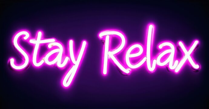 Bright pink neon sign displays words Stay Relax. Dark background enhances glowing script. Simple, calming message presented visually.