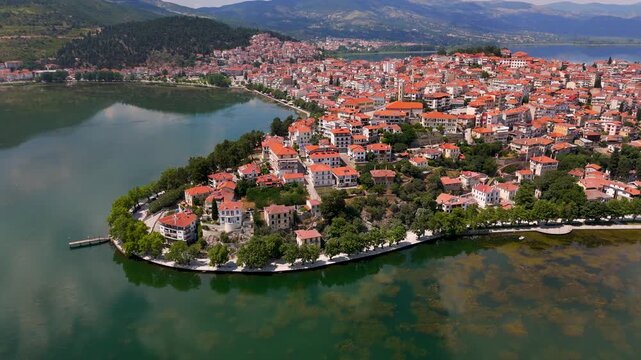 Aerial Drone Shot Over Lake Orestiada and Kastoria Town, Macedonia, Greece.