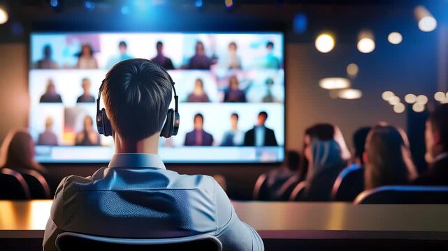 A man sits in a meeting, watching a video conference call on a large screen, showing a video - Powered by Adobe