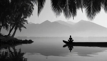Serene monochrome image of a person meditating in a boat on calm water, mountains and palm trees in the background
