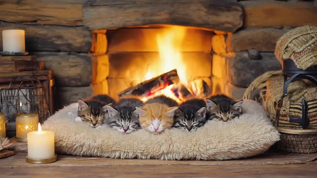 Five sleeping kittens on pillow by fireplace . Ultimate cozy Christmas cats