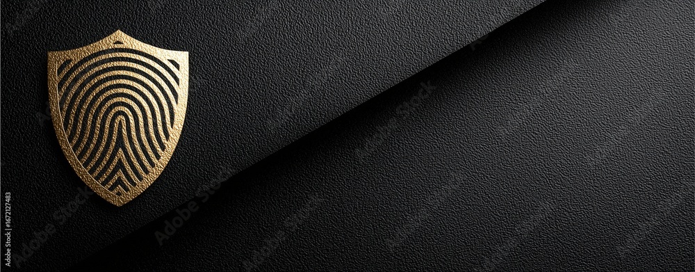 Poster digital shield of identity: a digital fingerprint forms the core of a golden emblem on a black canva