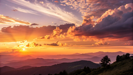 Dramatic sunset sky with golden light illuminating layered mountain ranges and clouds full hd 4k stock image download