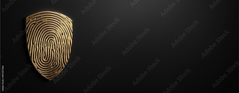 Poster digital fingerprint shield: a sophisticated digital fingerprint takes shape within a golden shield, 