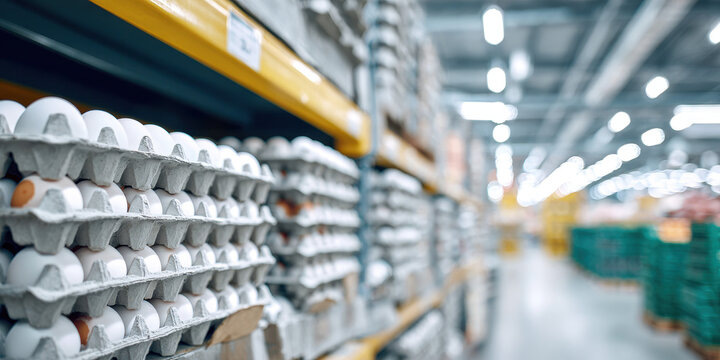 Numerous white and brown eggs in rows on industrial storage shelves - Powered by Adobe